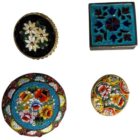 3 Micro Mosaic Brooches & Enamel Topped Pill Box