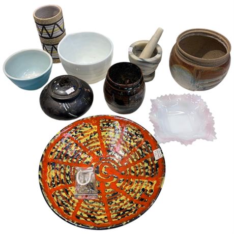 Assorted Art Pottery, Mortar & Pestle, Bowls, Vases, Etc..