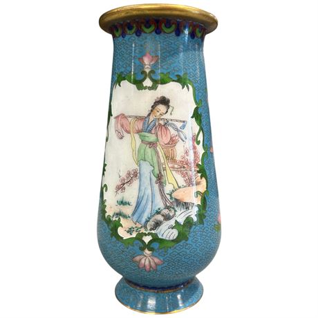 Vintage Cloisonne Vase With Lady Tree Motif