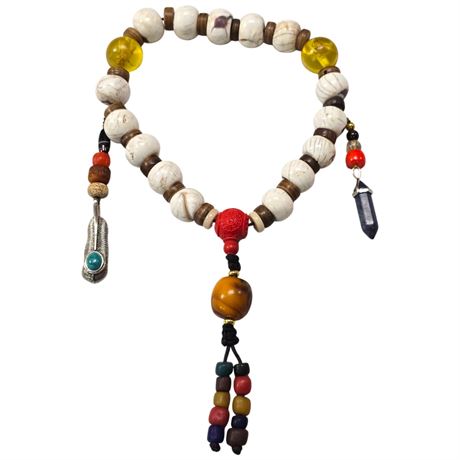 Asian Beaded Necklace, With Giant Clam Shell, Amber Insects, And Cinnabar