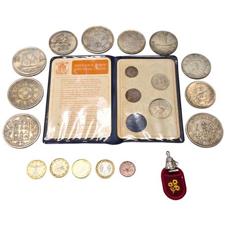Assortment Of Vintage Chinese Coins & British First Decimal Coin Set