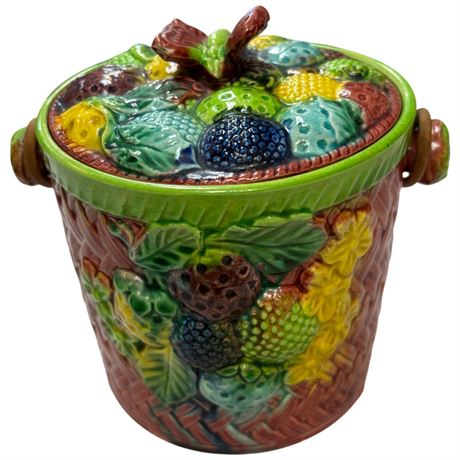Vintage Japanese Pottery Lidded Biscuit Jar With Embossed Fruits & Butterfly