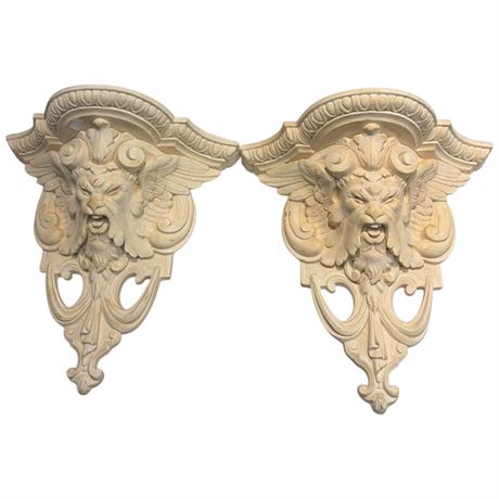 Pair Of Heavy Plaster Satyr Wall Shelves