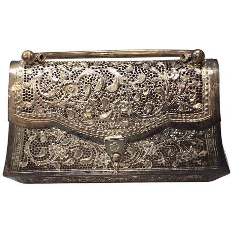 Vintage Pierced Silver Plate Ladies Handbag With Flower Motif