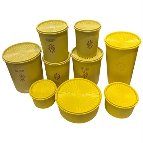 9 Pieces Of Vintage Yellow Tupperware Cannister Set