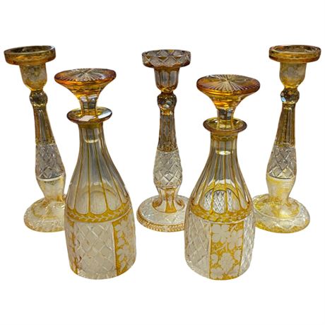 5 Yellow Etched Glass Decanters & Candle Stick Holders