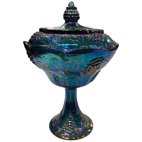 Vintage Pedestal Lidded Carnival Glass Bowl With Grape Motif