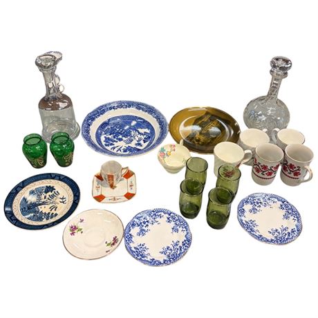 Assorted Collectible Dishware, Decanters, Plates, Cups, Etc..
