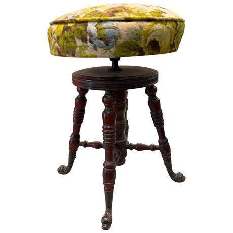 Vintage Upholstered Swivel Stool With Floral Motif