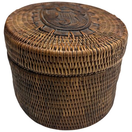 Vintage Basket With Carved Wood Top With Dinosaur Motif