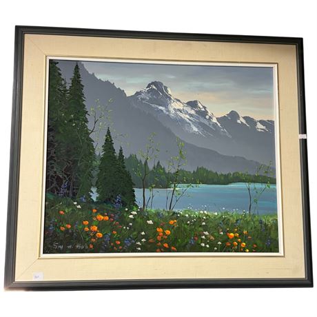 Framed Oil On Canvas Of Mountain Lake Scene Signed Sai H. Ho