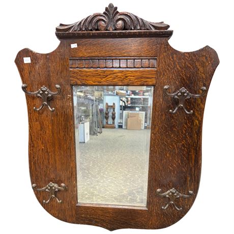 Vintage Carved Wood Beveled Hall Mirror With Coat Hangers