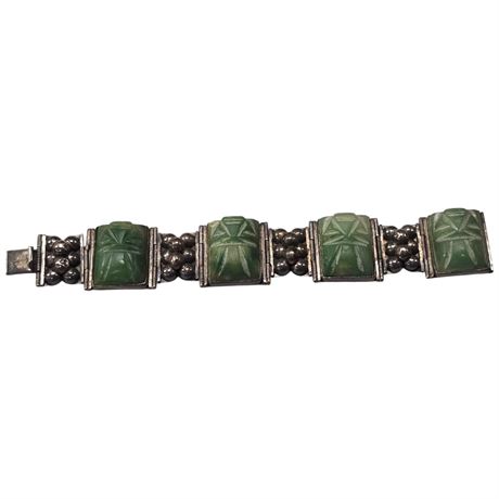 Mexican Sterling Silver Bracelet With Carved Aztek Styled Stones