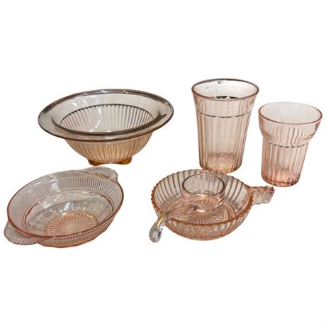 6 Pink Depression Glass Pieces, Bowls, Cups, Condiment Spoon, Etc..