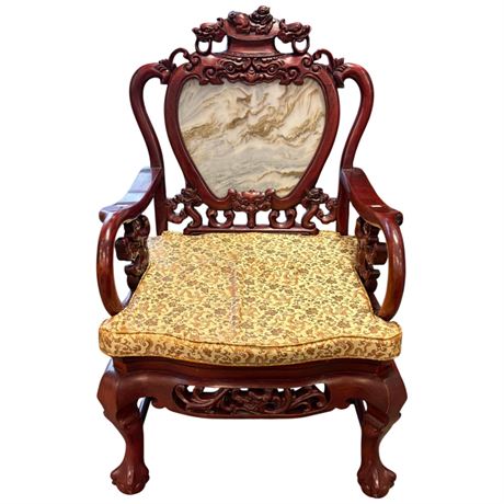 Vintage Chinese Carved Rosewood Marbled Back Chair
