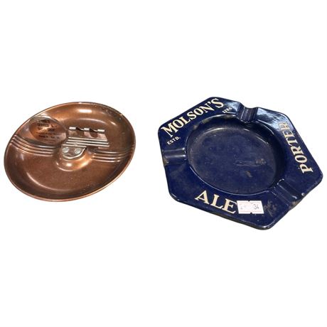 2 Vintage Ashtrays, Porcelain Molsens Ale & Ernies Service And Body Shop