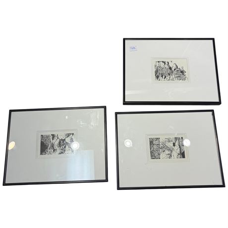 3 Framed W. Chin Etchings