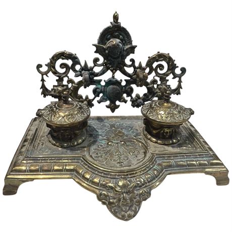 Vintage Ornate Brass Inkwell Set
