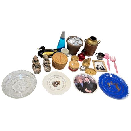 Assorted Collectibles, Baskets, Brass Vase, Royalty Plates, Etc.