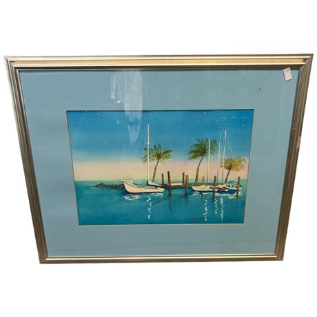 Framed Watercolor Of Harbour Scene By Ken Swan