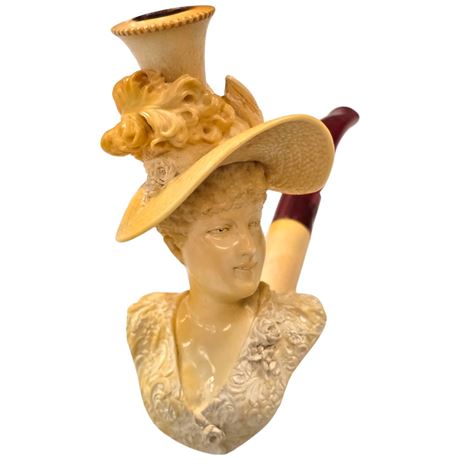 Rare Quality Meerschaum Carved Victorian Lady Pipe, In Original Case