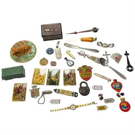 Assorted Collectibles, Trinket Box, Corbin Lock, Pocket Knives, Etc..