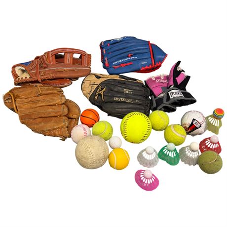Assorted Sports Goods, Baseballs, Baseball Gloves, Tennis Balls, Birdies, Etc..