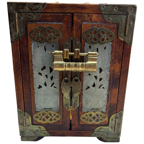 Vintage Chinese Wood & Brass Jewelry Box With Stone Inlay & Lock