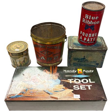 4 Vintage Tins & Empty Handy Tool Set Tin