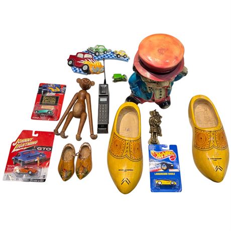 Assorted Collectibles, Clogs, Hobo Clown, Toy Cars, Wood Monkey, Etc..