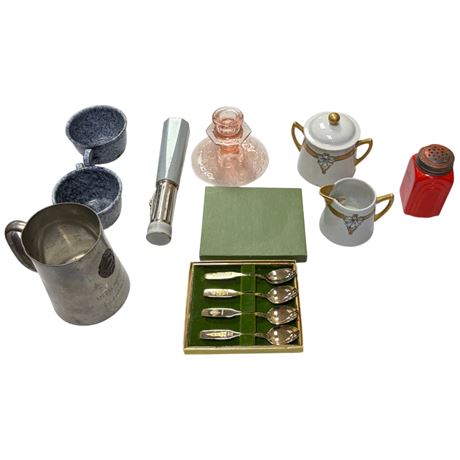 Assorted Collectibles, Enamel Cups, Glass Candlestick, Flashlight, Cream & Sugar