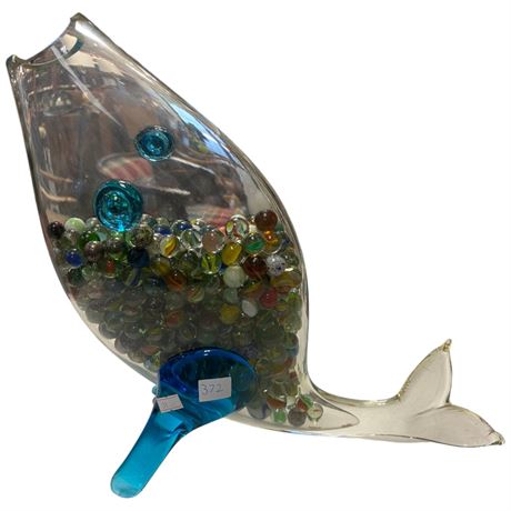 Art Glass Fish Vase Full Of Vintage Marbles
