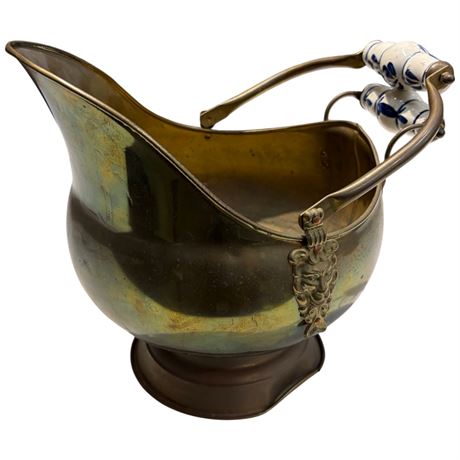 Vintage Brass Coal Scuttle With Porcelain Handle