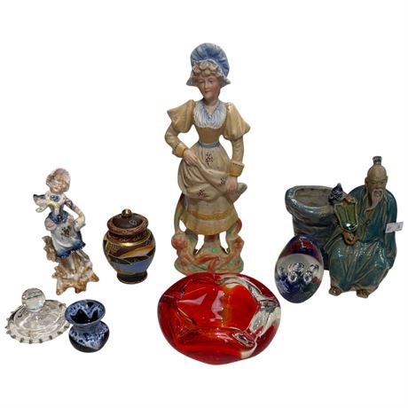 Assorted Glass & Pottery Collectibles, Paper Weight, Ash Tray, Figurine, Etc..