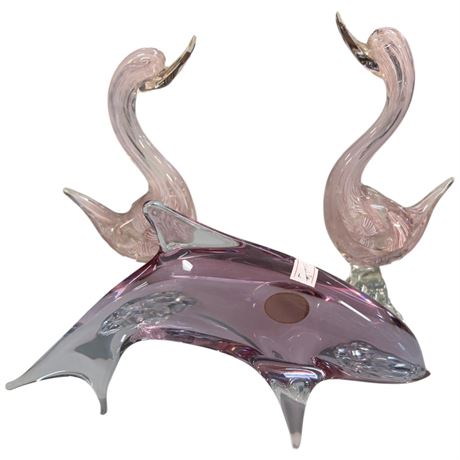 2 Art Glass Flamingos & Art Glass Dolphin