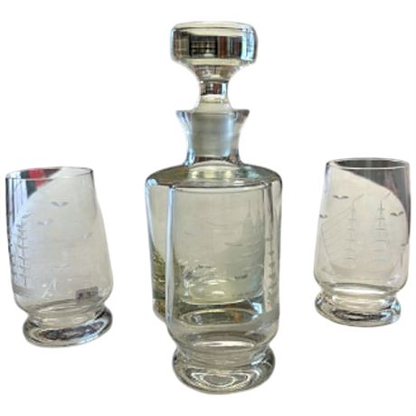 Vintage Decanter & 3 Glasses With  Etched Ship Glass Motif