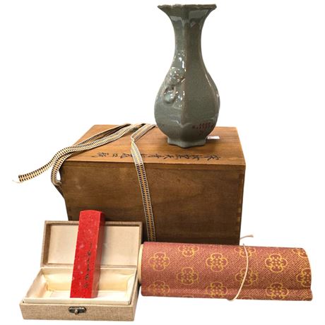 Chinese Vase, Stamp & 8Ft Scroll With Kanji And Horses, In Signed Wooden Box