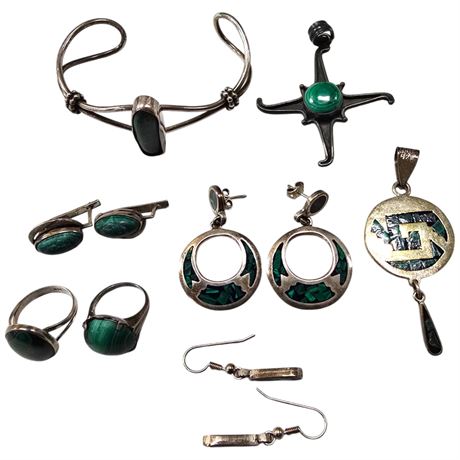 Assorted .925 Silver & Malachite Jewelry, Rings, Bracelet, Pendant, Etc..