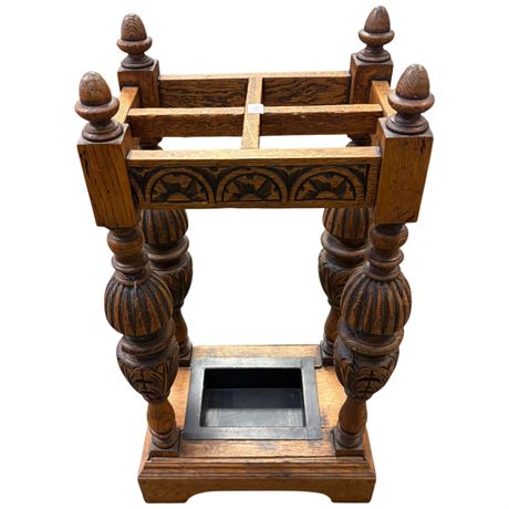 Vintage Carved Wood Column Umbrella Stand