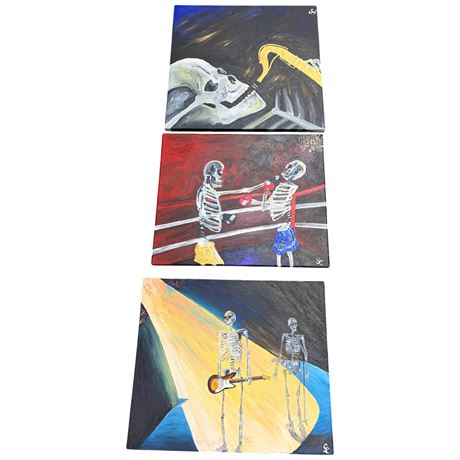 3 Paintings On Canvas Of Skeleton Musicians & Skeleton Boxers, All Signed Sc