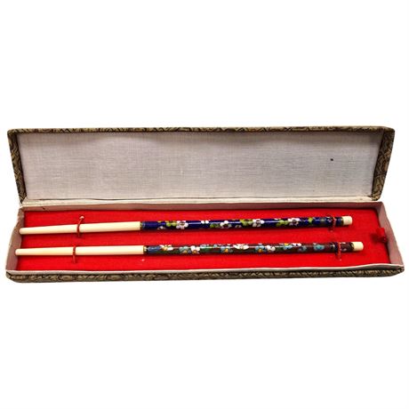 Vintage Pair Of Cloisonne Chopsticks, In Case