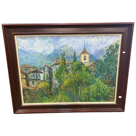 Framed Oil On Canvas Of Village Scene Signed By Artist