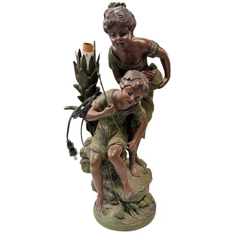 Vintage Plaster Table Lamp Sculpture Of Mother & Son Fishing