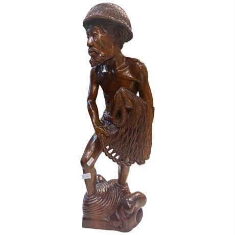 Vintage Carved Wood Fisherman With Net