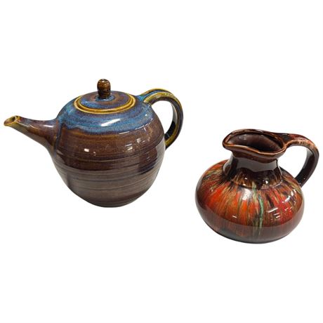 2 Pieces Of Art Pottery , Tea Pot & Creamer