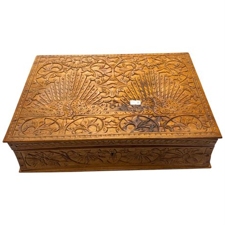 Vintage Carved Wood Box With Peacock Motif