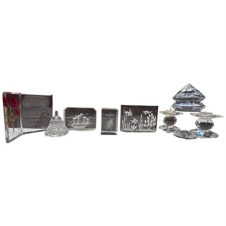 Assorted Crystal Art Glass Paperweights, Candle Stick Holders, Etc..