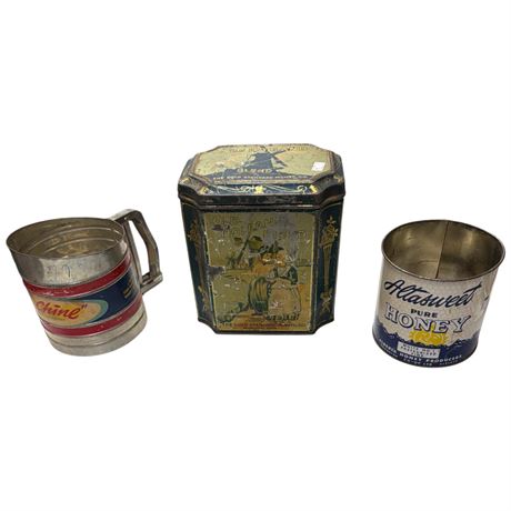 2 Vintage Tins With Flower Sifter, Old Holland Blend, Pure Honey