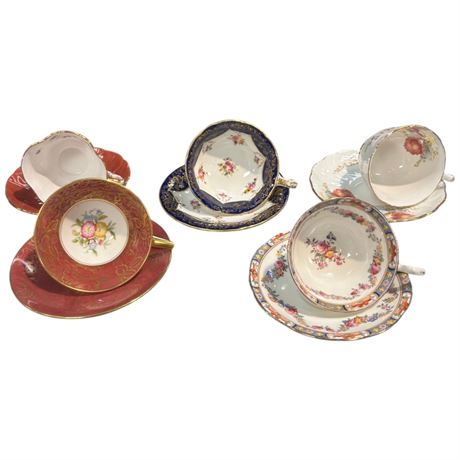 5 Assorted Teacups & Saucers, Minton, Aynsley, Caulden, Etc..
