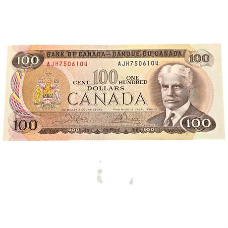 Vintage 1975 Canadian $100 Bill